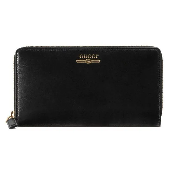 Gucci Zip Around Leather Wallet with Metallic Logo in Black