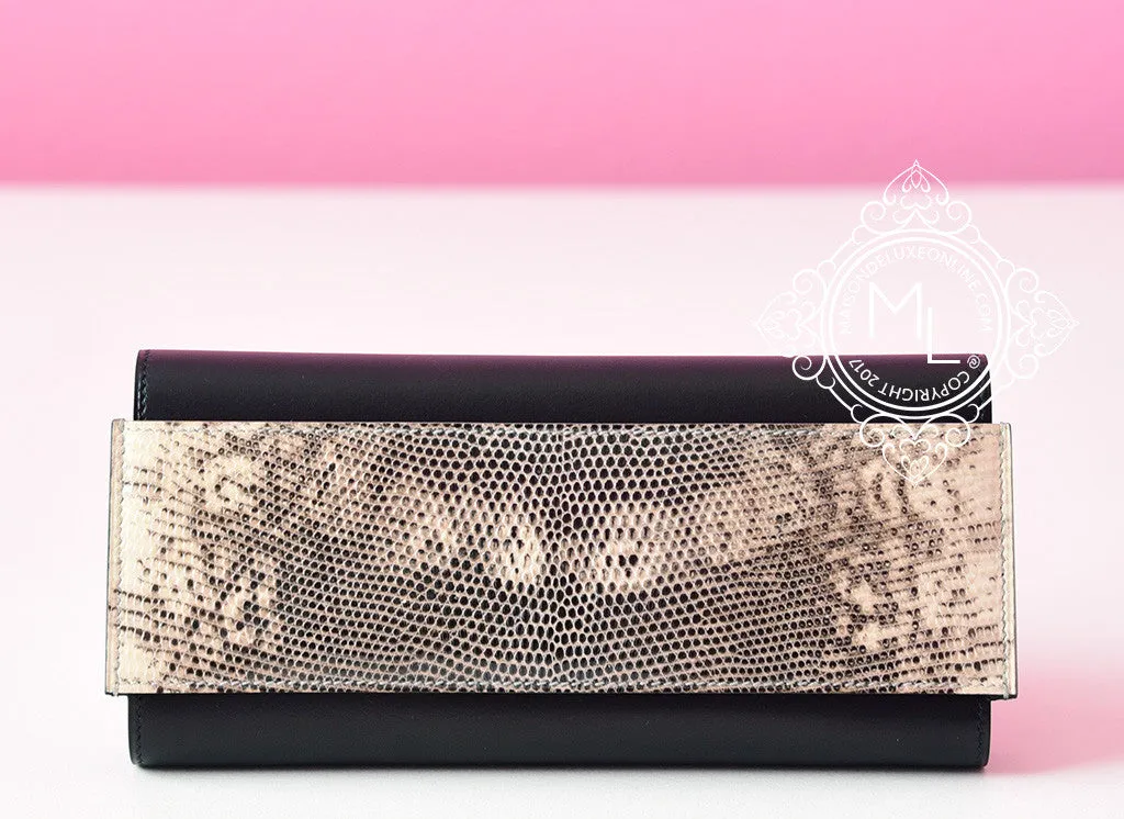 Hermes Black Ombre Lizard Passant Long Wallet Clutch