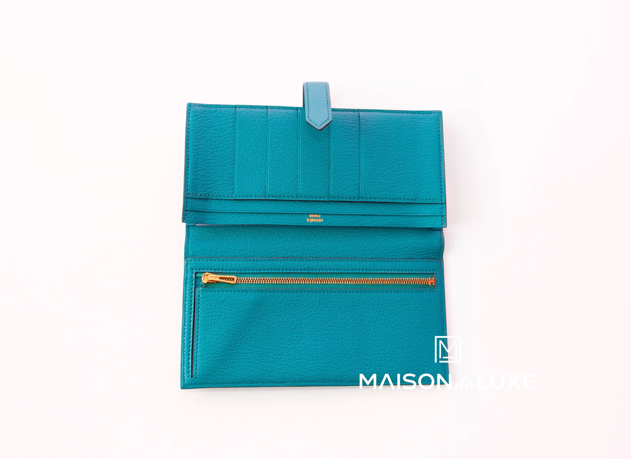 Hermes Blue Paon Green Chèvre Bearn Long Wallet Clutch