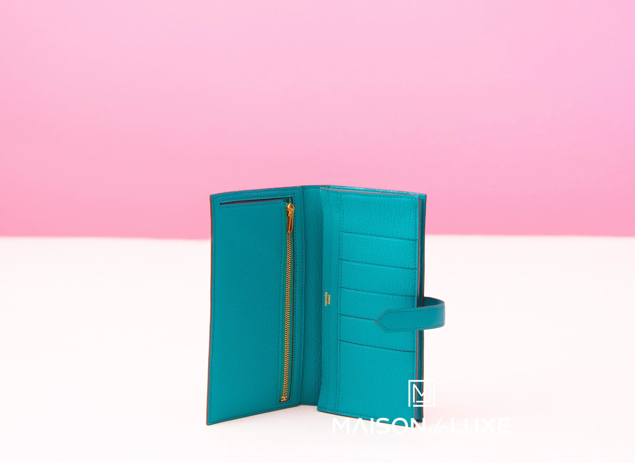 Hermes Blue Paon Green Chèvre Bearn Long Wallet Clutch
