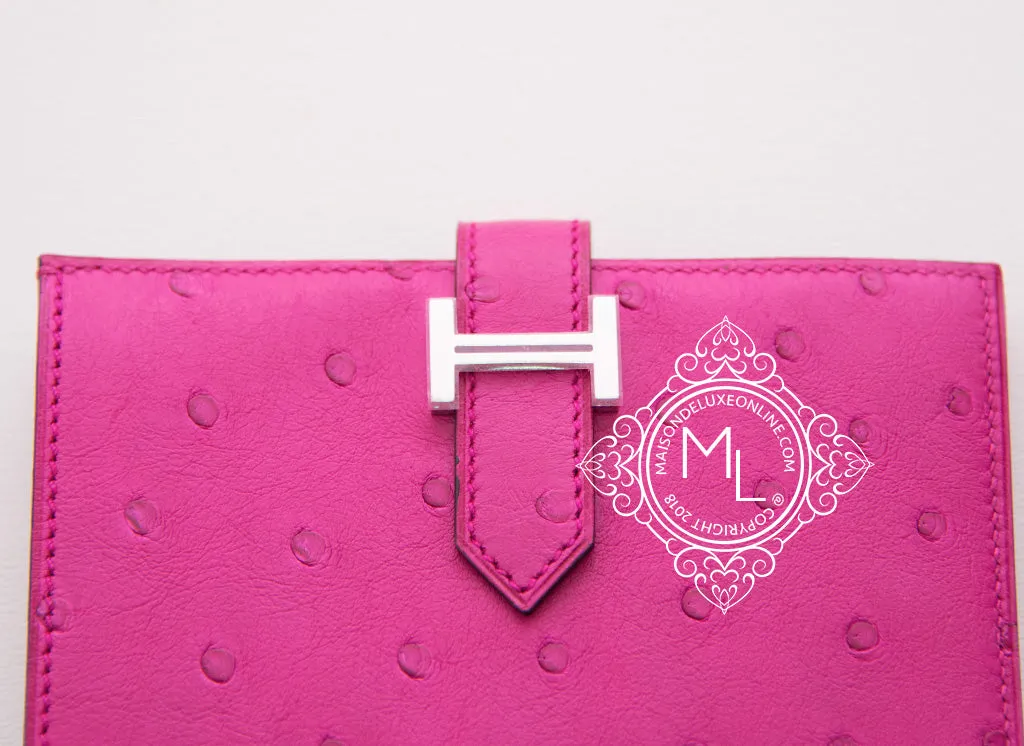 Hermes Rose Pourpre Pink Ostrich Compact Bearn Wallet Clutch