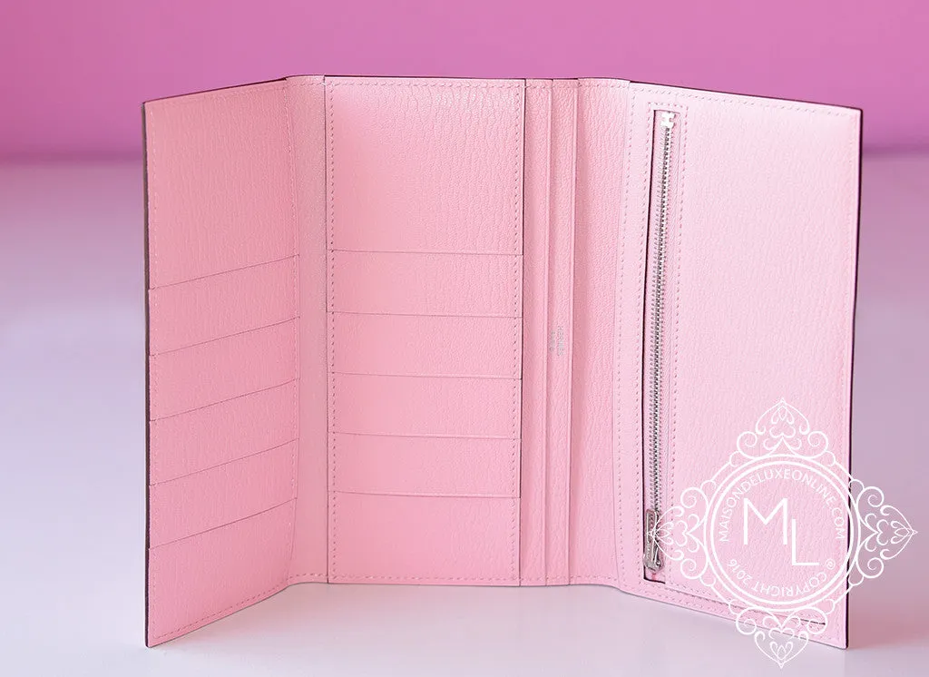 Hermes Rose Sakura Trifold Pink Chevre Bearn Long Wallet