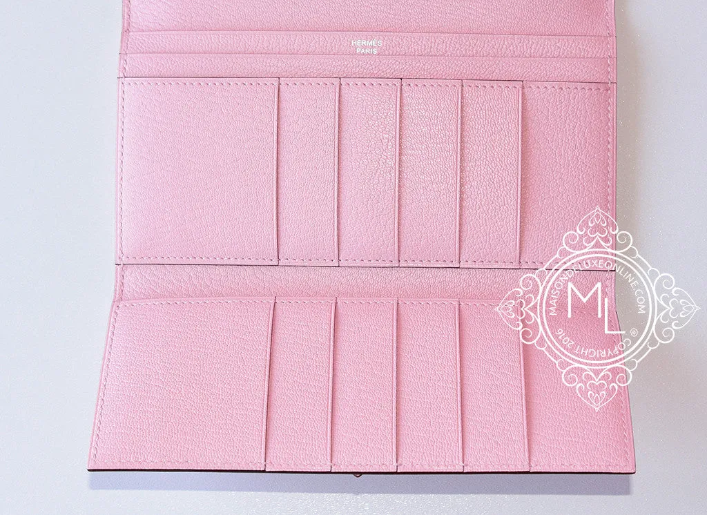 Hermes Rose Sakura Trifold Pink Chevre Bearn Long Wallet