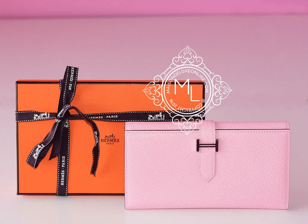 Hermes Rose Sakura Trifold Pink Chevre Bearn Long Wallet