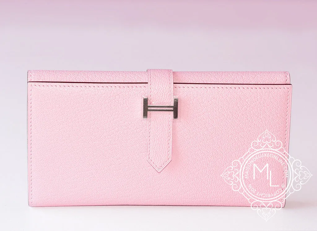 Hermes Rose Sakura Trifold Pink Chevre Bearn Long Wallet