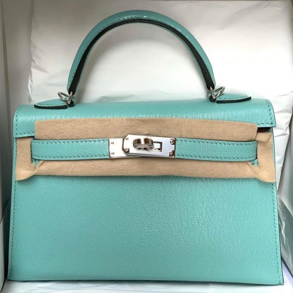 Hermès Kelly 20 Aqua/Cobalt Verso Sellier Chevre Mysore Palladium Hardware PHW