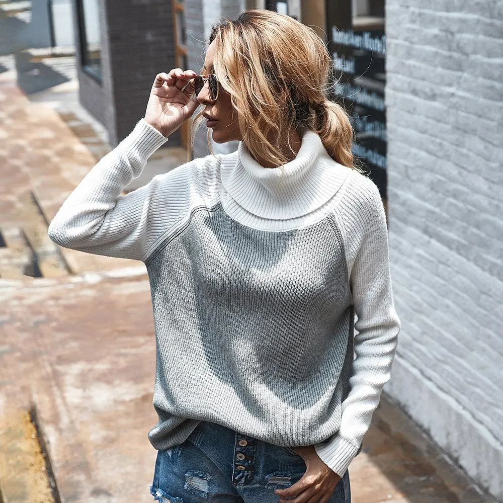 High Neck Two-Tone Color Pullover Sweater