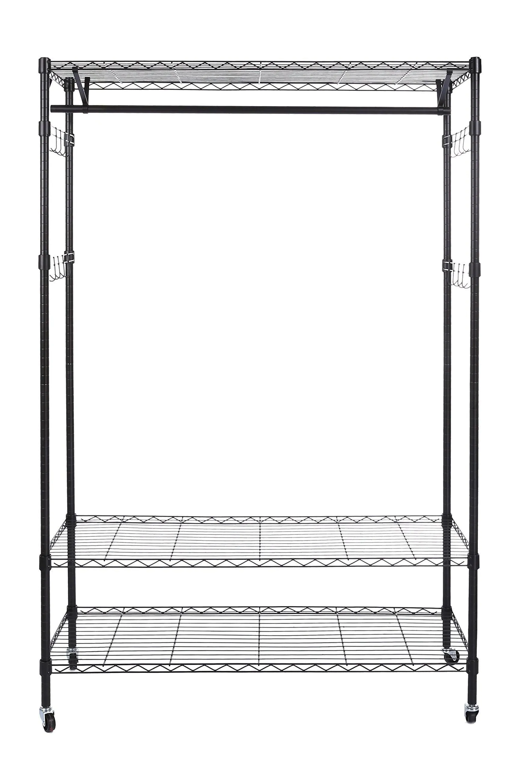 Homdox 3-Tiers Big Size Heavy Duty Wire Shelving Unit Garment Rack with Hanger Bar Wheels 2 Pair Side Hooks,Black