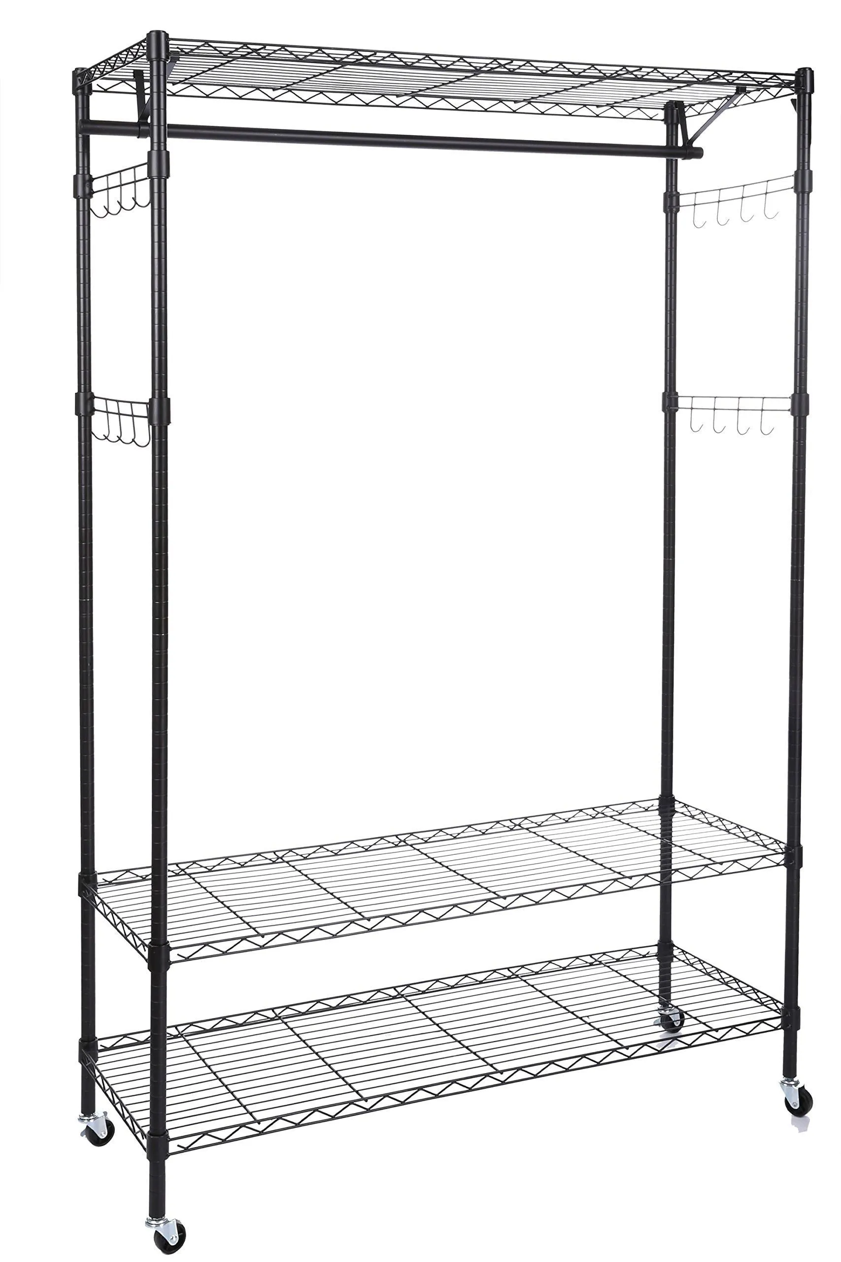 Homdox 3-Tiers Big Size Heavy Duty Wire Shelving Unit Garment Rack with Hanger Bar Wheels 2 Pair Side Hooks,Black