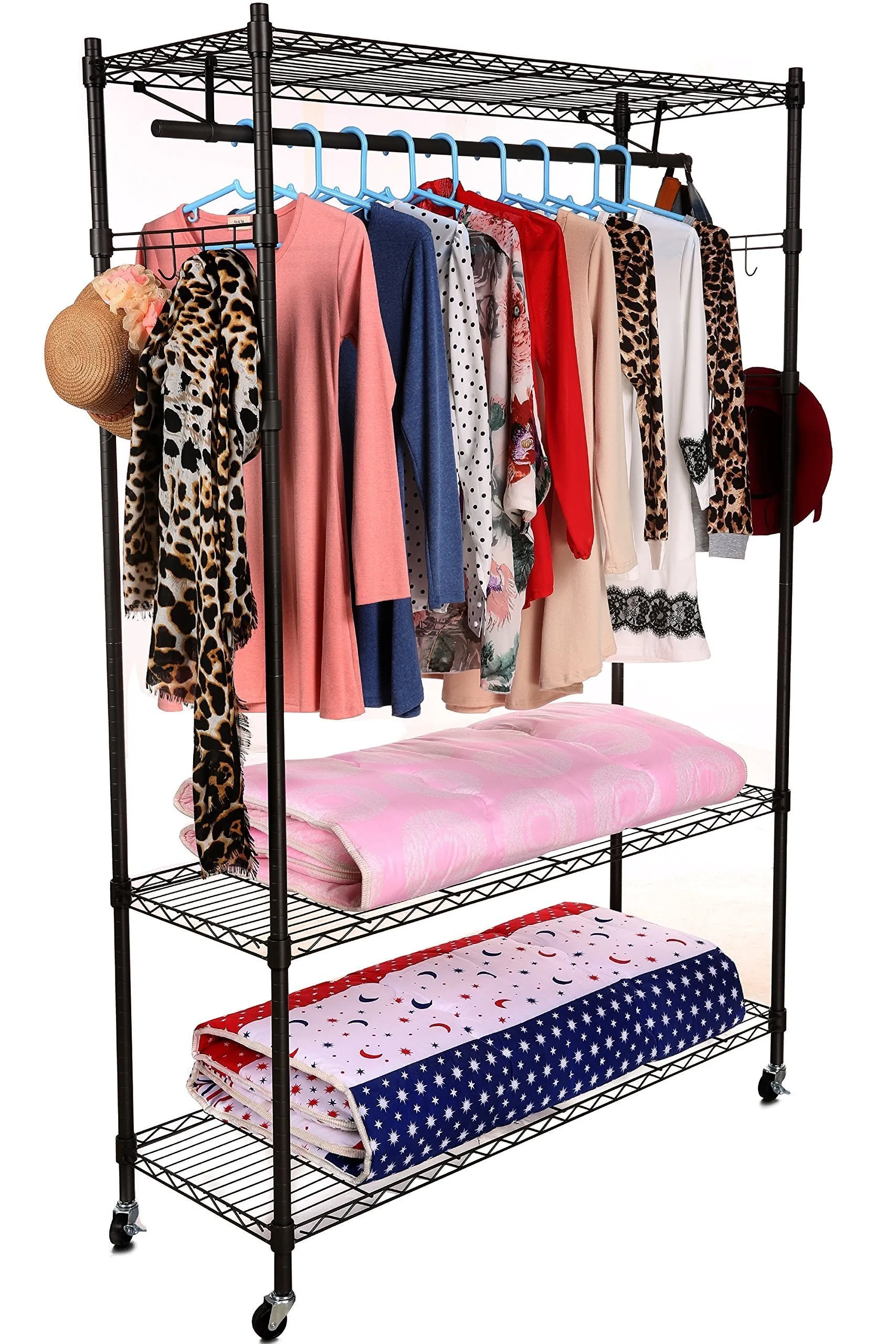 Homdox 3-Tiers Big Size Heavy Duty Wire Shelving Unit Garment Rack with Hanger Bar Wheels 2 Pair Side Hooks,Black
