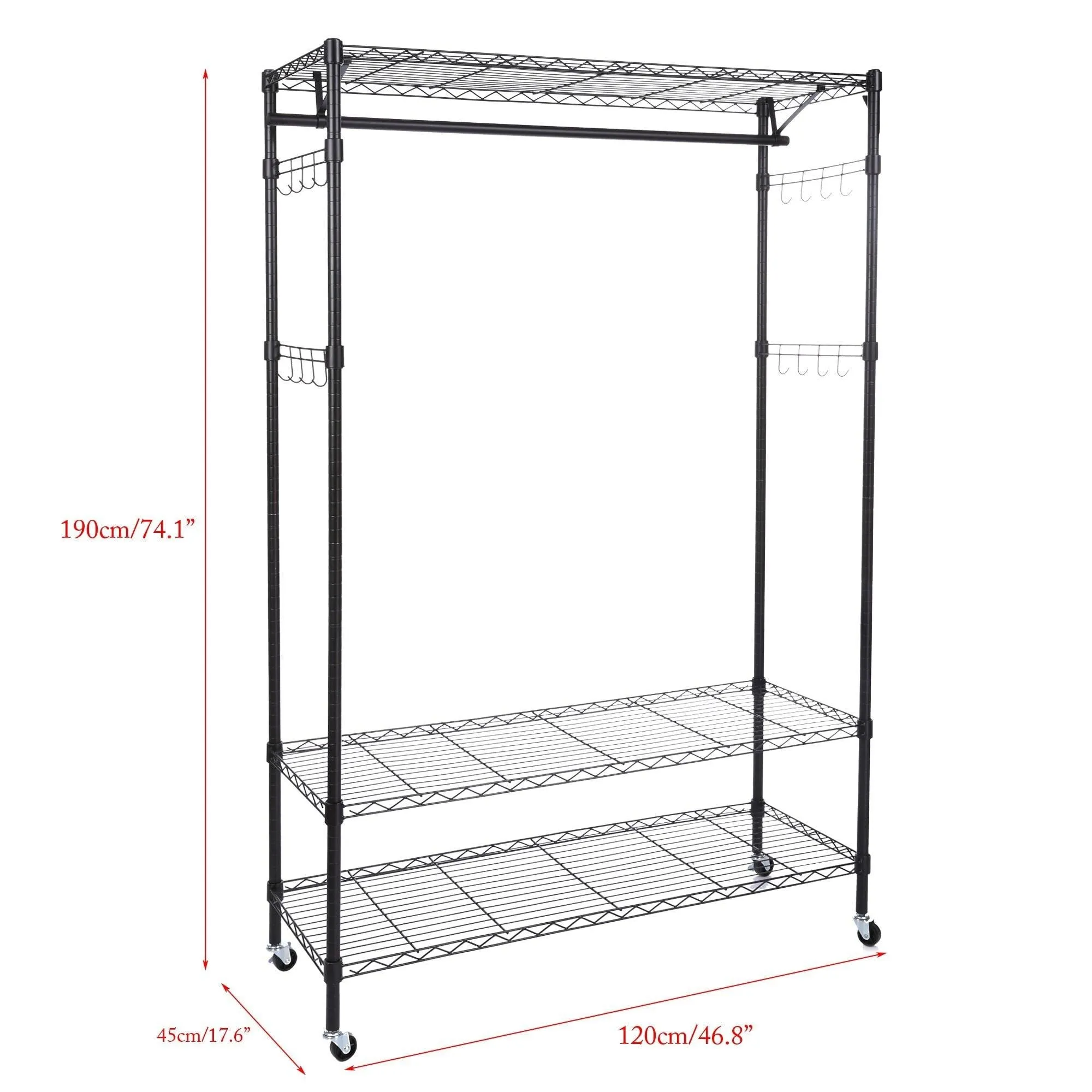 Homdox 3-Tiers Big Size Heavy Duty Wire Shelving Unit Garment Rack with Hanger Bar Wheels 2 Pair Side Hooks,Black