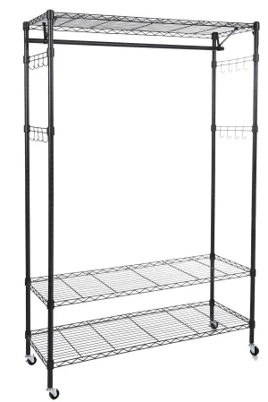 Homdox 3-Tiers Big Size Heavy Duty Wire Shelving Unit Garment Rack with Hanger Bar Wheels 2 Pair Side Hooks,Black
