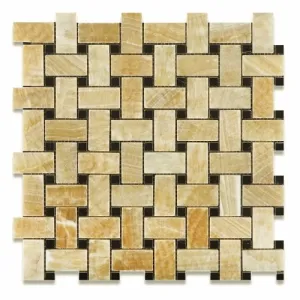 Honey Onyx Polished Basketweave Mosaic Tile w/ Black Dots (Box of 5 sq. ft.)