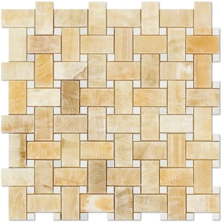 Honey Onyx Polished Basketweave with White Marble Insert Dot - Box of 5 Sheets