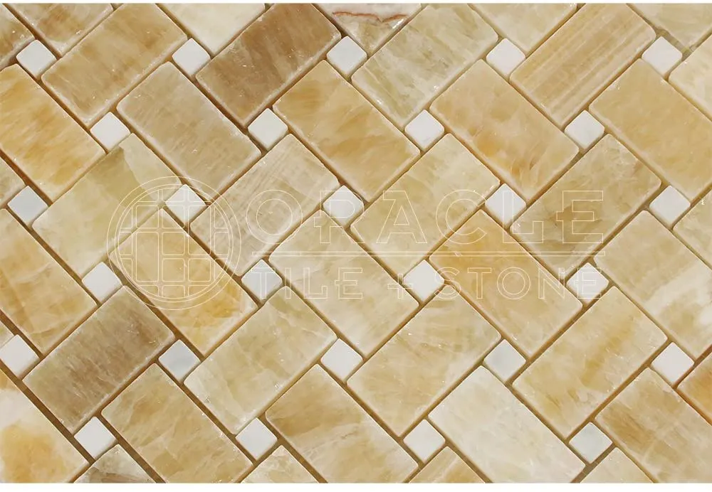 Honey Onyx Polished Basketweave with White Marble Insert Dot - Box of 5 Sheets
