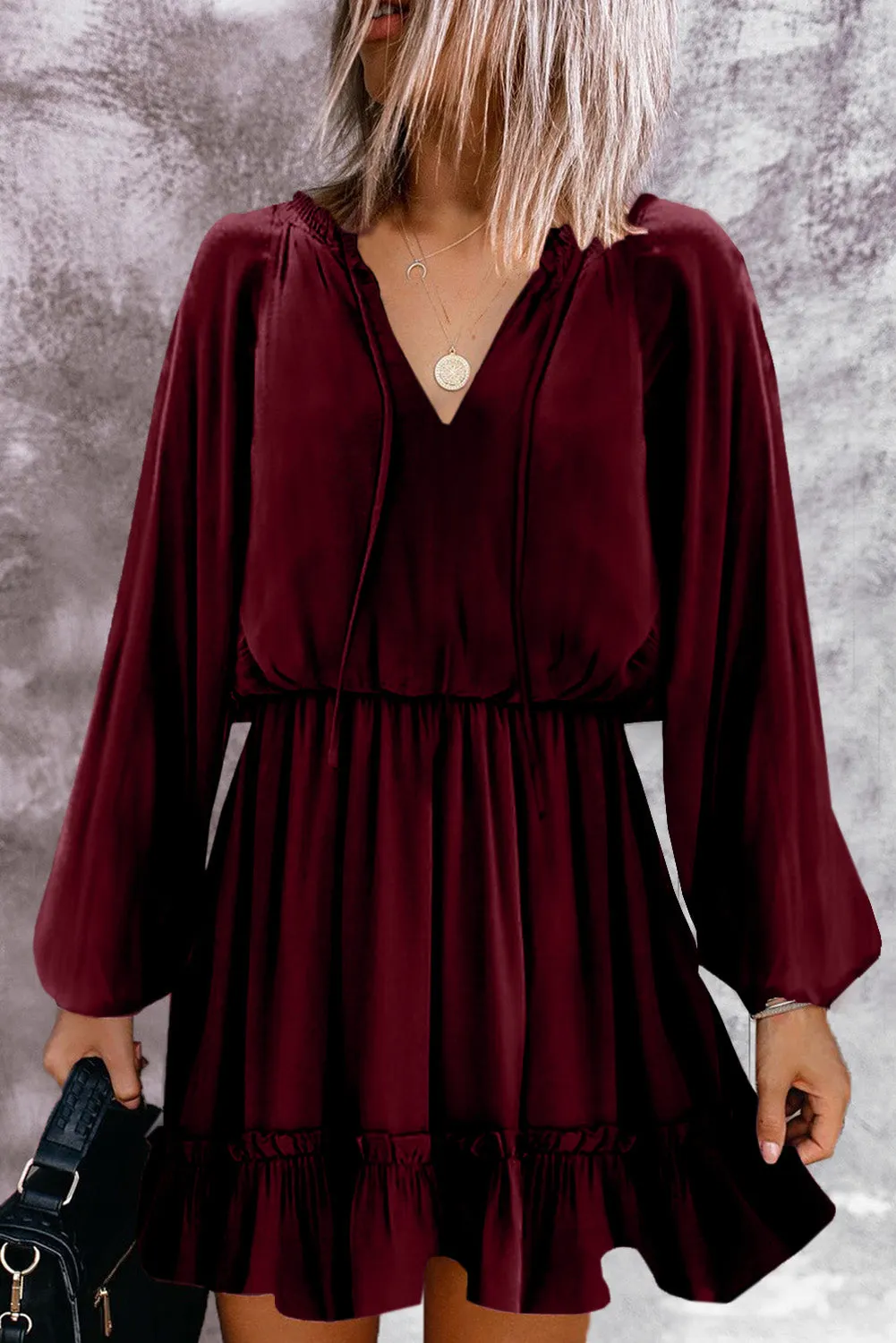 Khaki Bubble Sleeve Split Neck Ruffle Tunic Dress