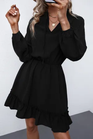 Khaki Bubble Sleeve Split Neck Ruffle Tunic Dress