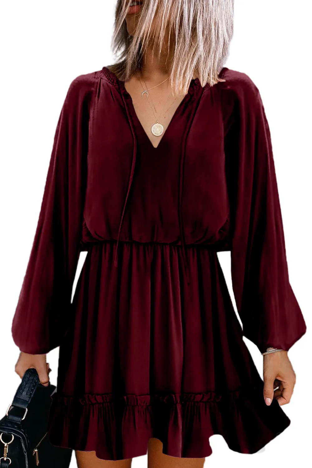 Khaki Bubble Sleeve Split Neck Ruffle Tunic Dress