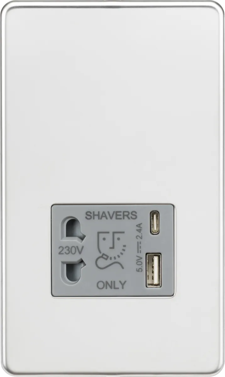 Knightsbridge SF8909PCG Screwless Dual Voltage Shaver Socket   2xUSB A C (5V DC 2.4A Shared) - Polished Chrome   Grey Insert