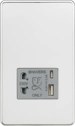 Knightsbridge SF8909PCG Screwless Dual Voltage Shaver Socket   2xUSB A C (5V DC 2.4A Shared) - Polished Chrome   Grey Insert