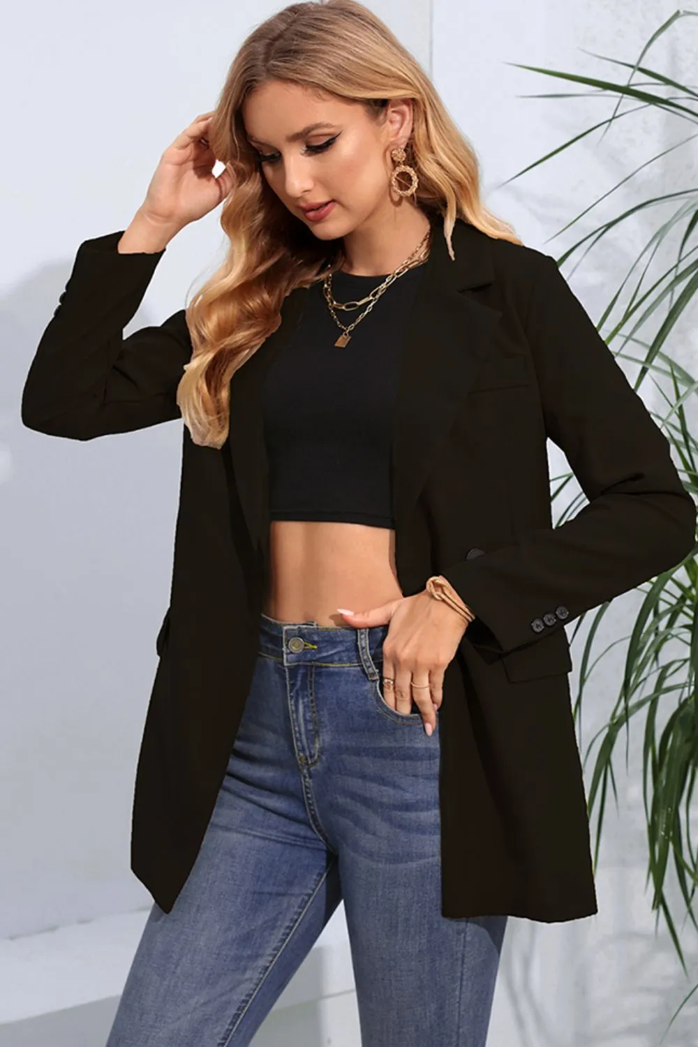 Lapel Neck Long Sleeve Blazer with Pockets (2 Colors)