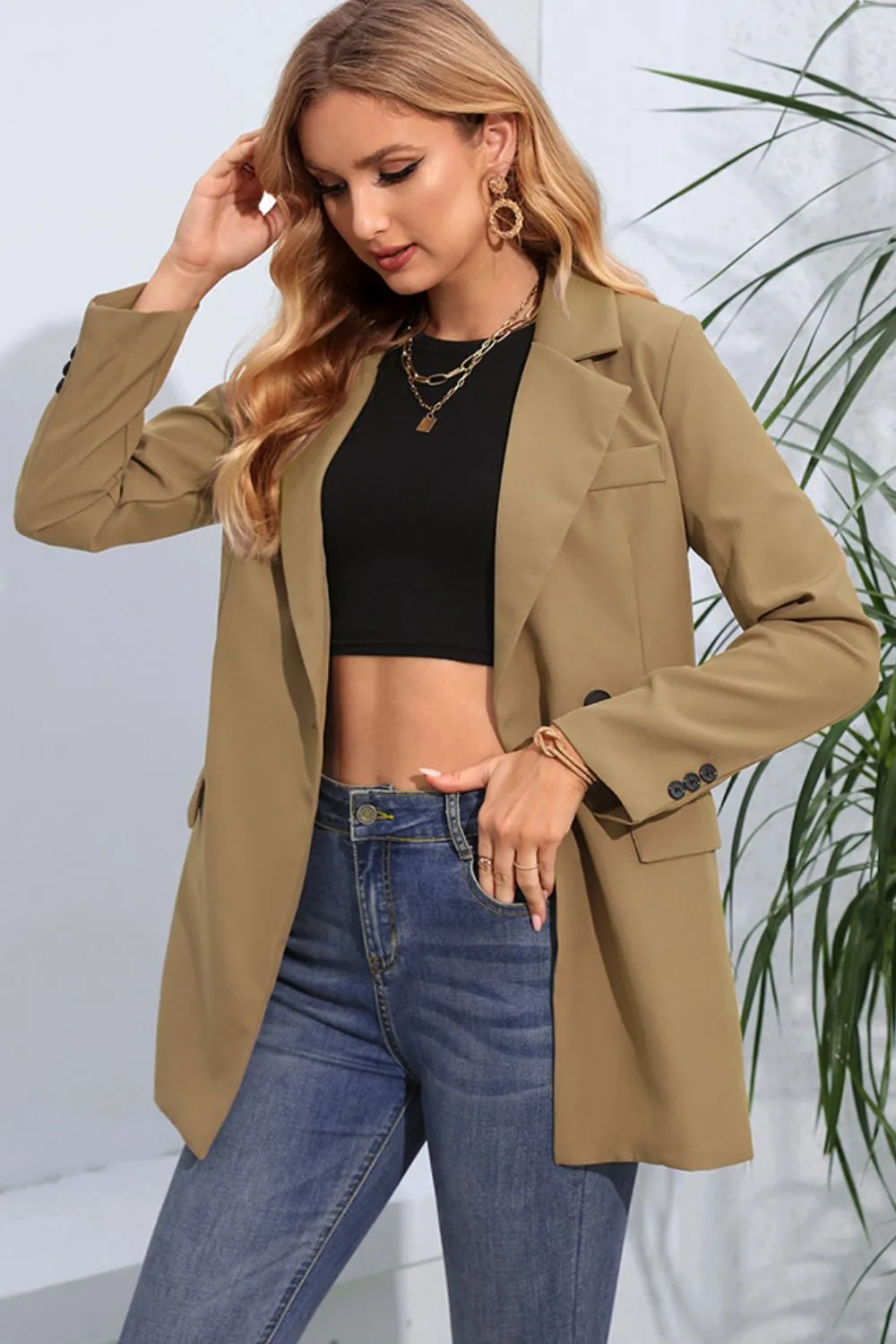 Lapel Neck Long Sleeve Blazer with Pockets (2 Colors)