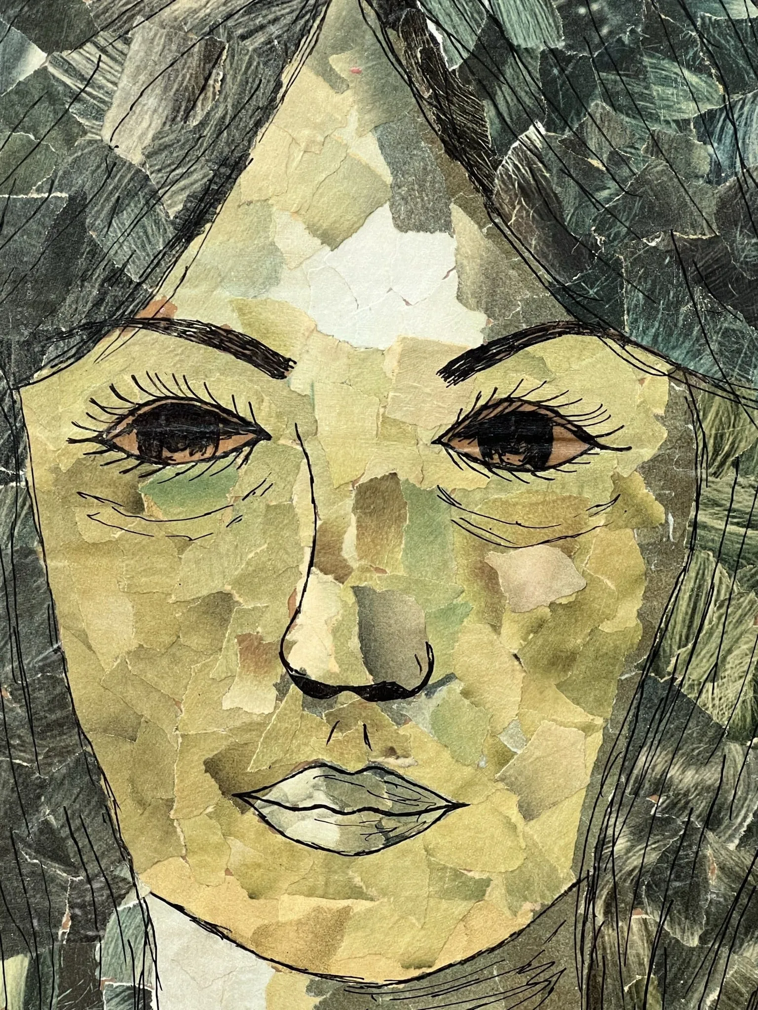 Large Framed Montage Portrait of a Young Woman, 1970s Collage Art