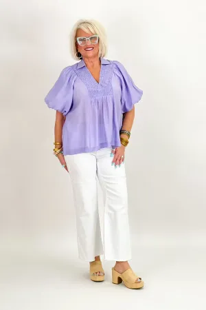 Lavender Smocked Detail Puff Sleeve Top