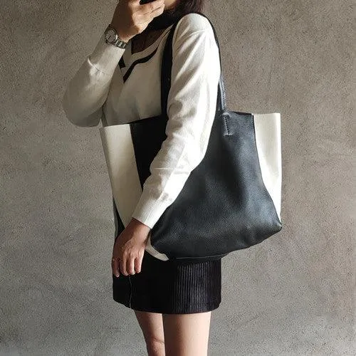 Leather Black and White Tote Black White Tote Black and White Leather Purse Two Tone Tote