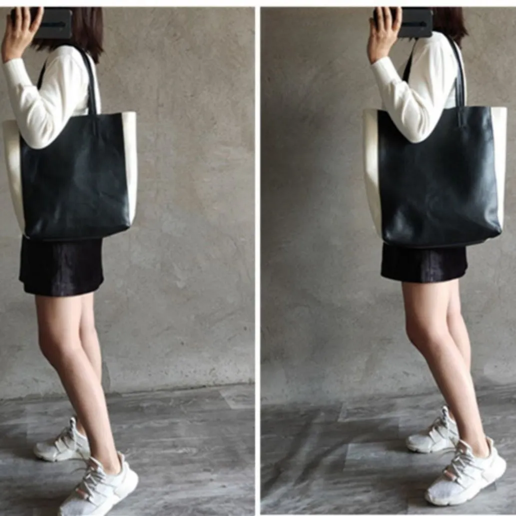 Leather Black and White Tote Black White Tote Black and White Leather Purse Two Tone Tote