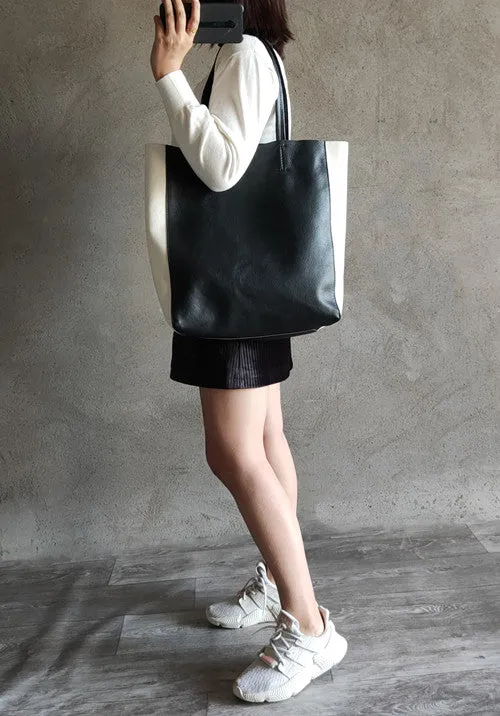 Leather Black and White Tote Black White Tote Black and White Leather Purse Two Tone Tote