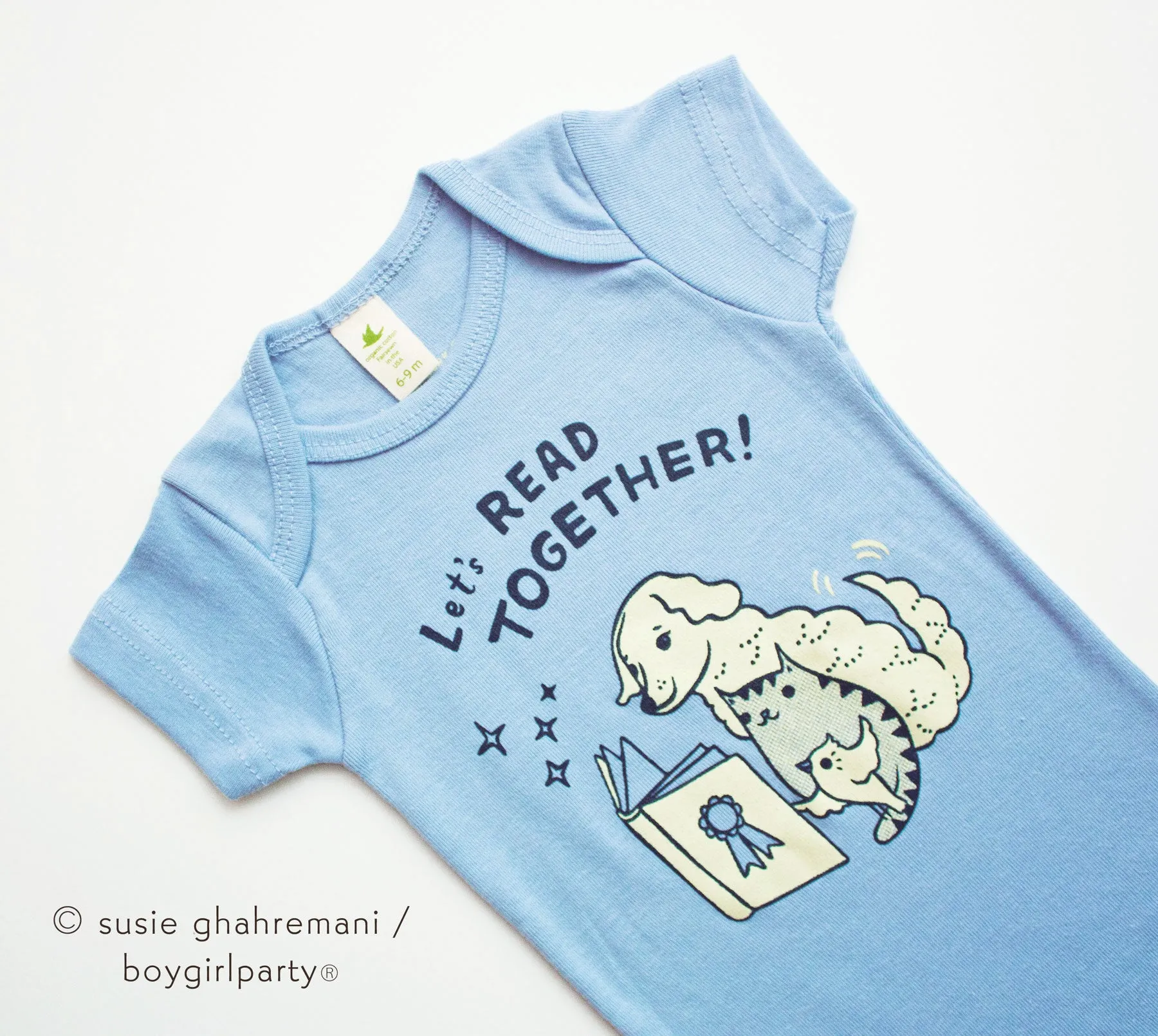 Let's Read Together Onesie -- Bookish Organic Baby Onesie (Blue)