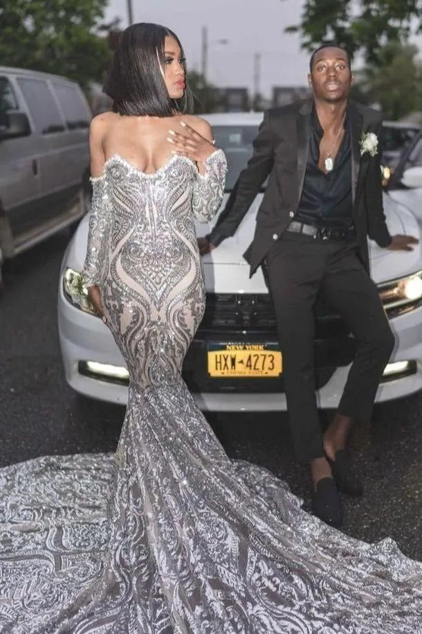 Long Sexy Sweetheart Silvery Mermaid Prom Dress Sequins Long Sleeves