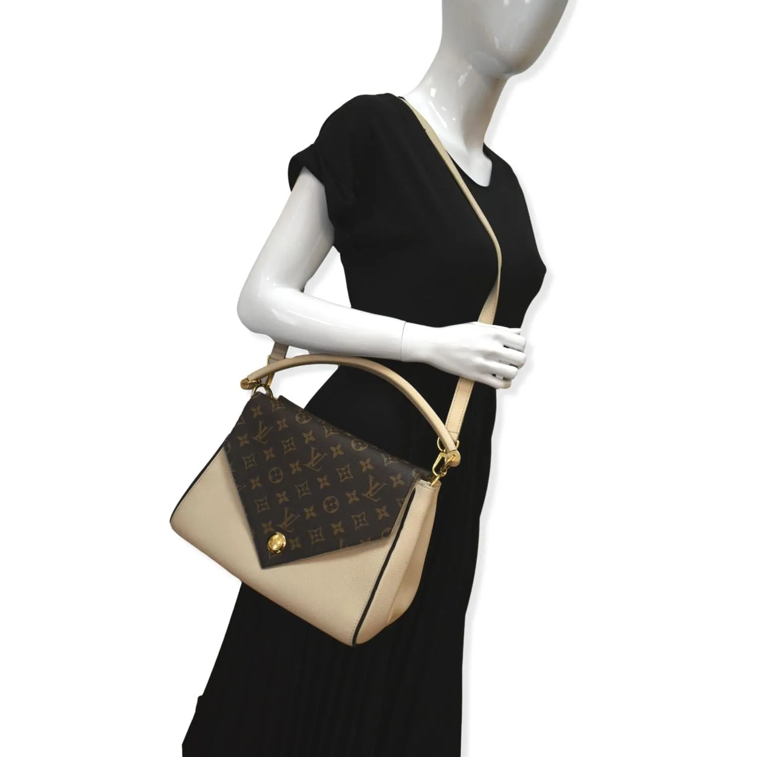 LOUIS VUITTON Double V Grained Leather Monogram Shoulder Bag Brown