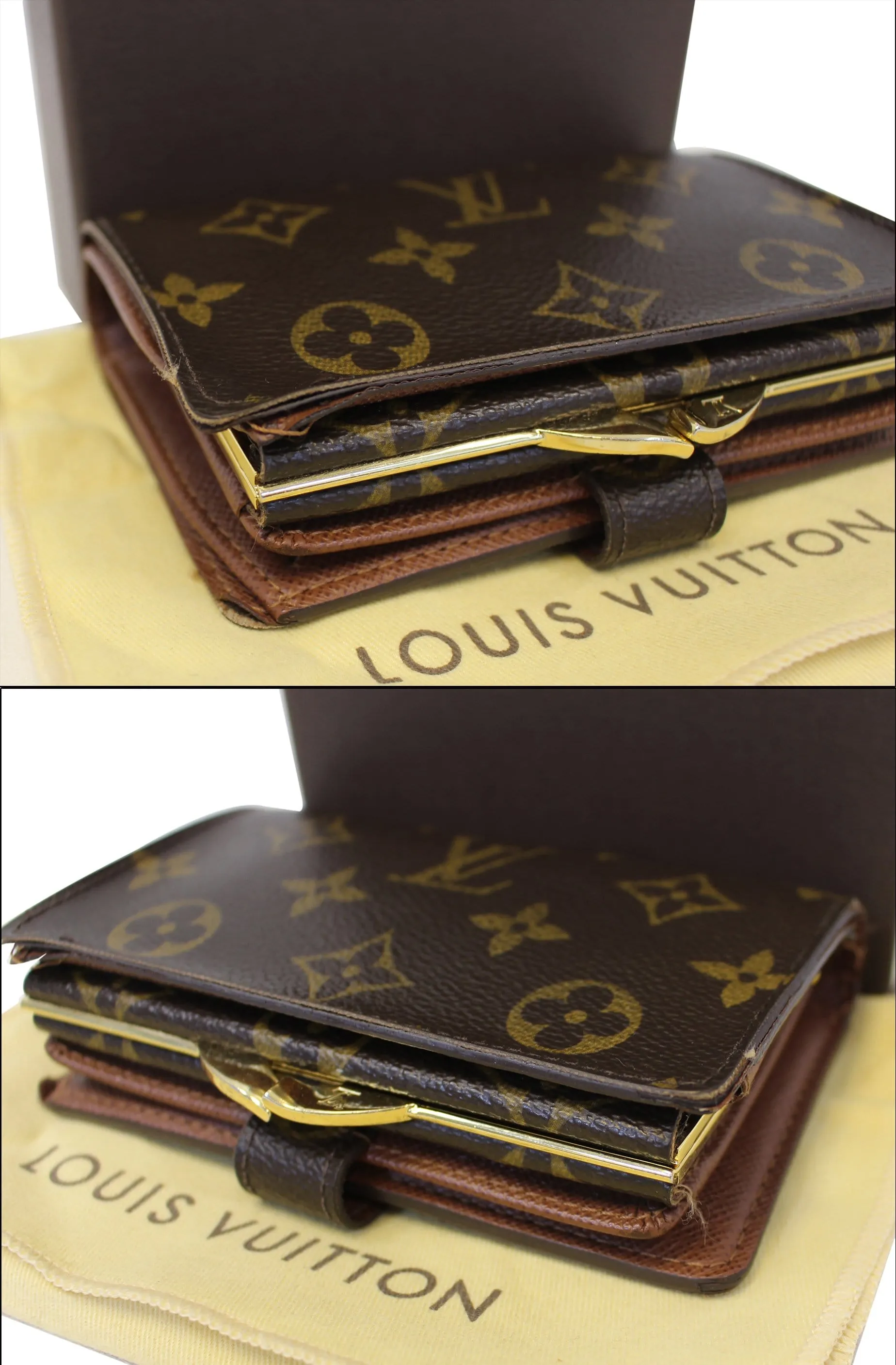 LOUIS VUITTON French Kisslock Monogram Canvas Wallet Brown