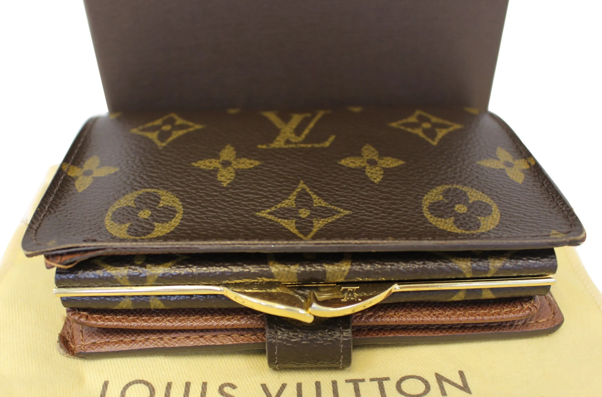 LOUIS VUITTON French Kisslock Monogram Canvas Wallet Brown
