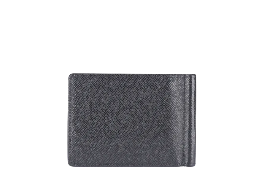 LOUIS VUITTON MONEY CLIP WALLET BLACK TAIGA LEATHER_QF_INITIALS_ MB4153 WITH DUST COVER AND BOX