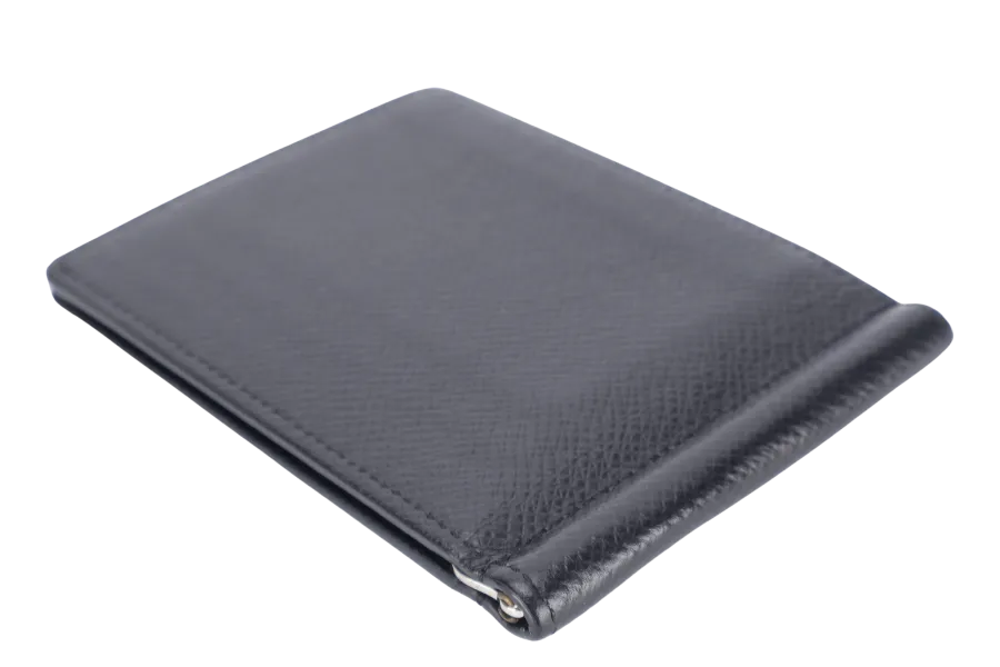 LOUIS VUITTON MONEY CLIP WALLET BLACK TAIGA LEATHER_QF_INITIALS_ MB4153 WITH DUST COVER AND BOX