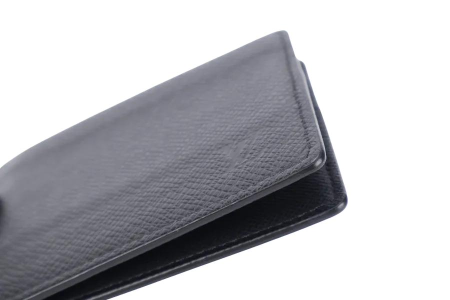 LOUIS VUITTON MONEY CLIP WALLET BLACK TAIGA LEATHER_QF_INITIALS_ MB4153 WITH DUST COVER AND BOX