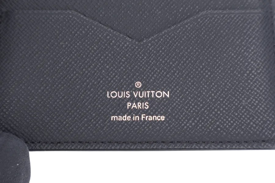 LOUIS VUITTON MONEY CLIP WALLET BLACK TAIGA LEATHER_QF_INITIALS_ MB4153 WITH DUST COVER AND BOX