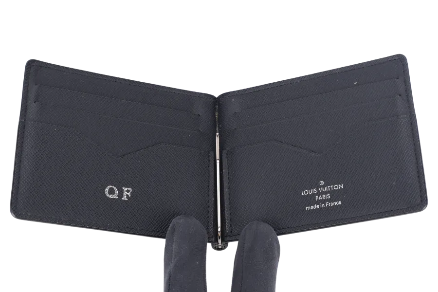 LOUIS VUITTON MONEY CLIP WALLET BLACK TAIGA LEATHER_QF_INITIALS_ MB4153 WITH DUST COVER AND BOX