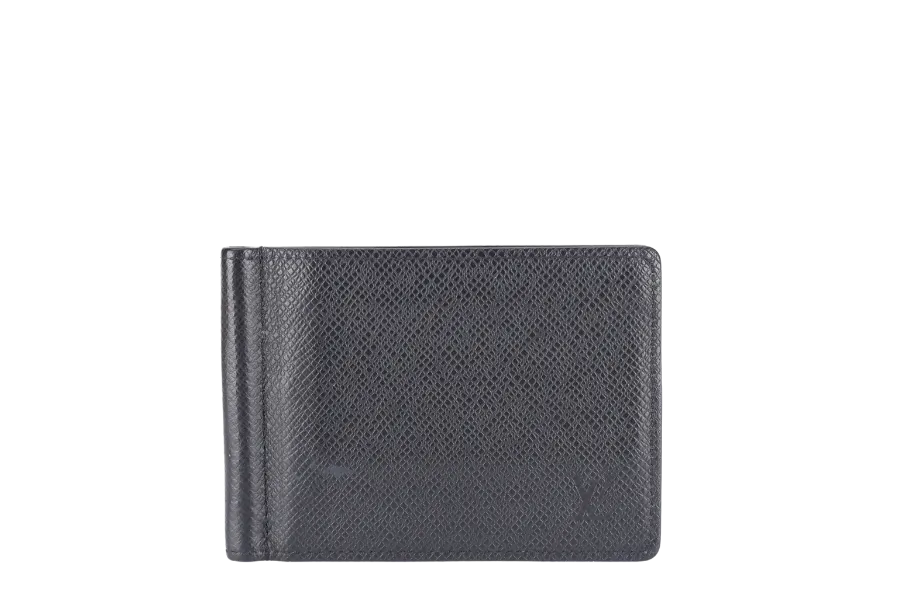 LOUIS VUITTON MONEY CLIP WALLET BLACK TAIGA LEATHER_QF_INITIALS_ MB4153 WITH DUST COVER AND BOX