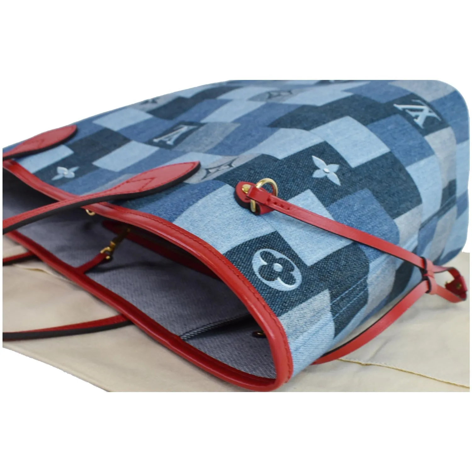 LOUIS VUITTON Neverfull MM Patchwork Monogram Denim Shoulder Bag Blue