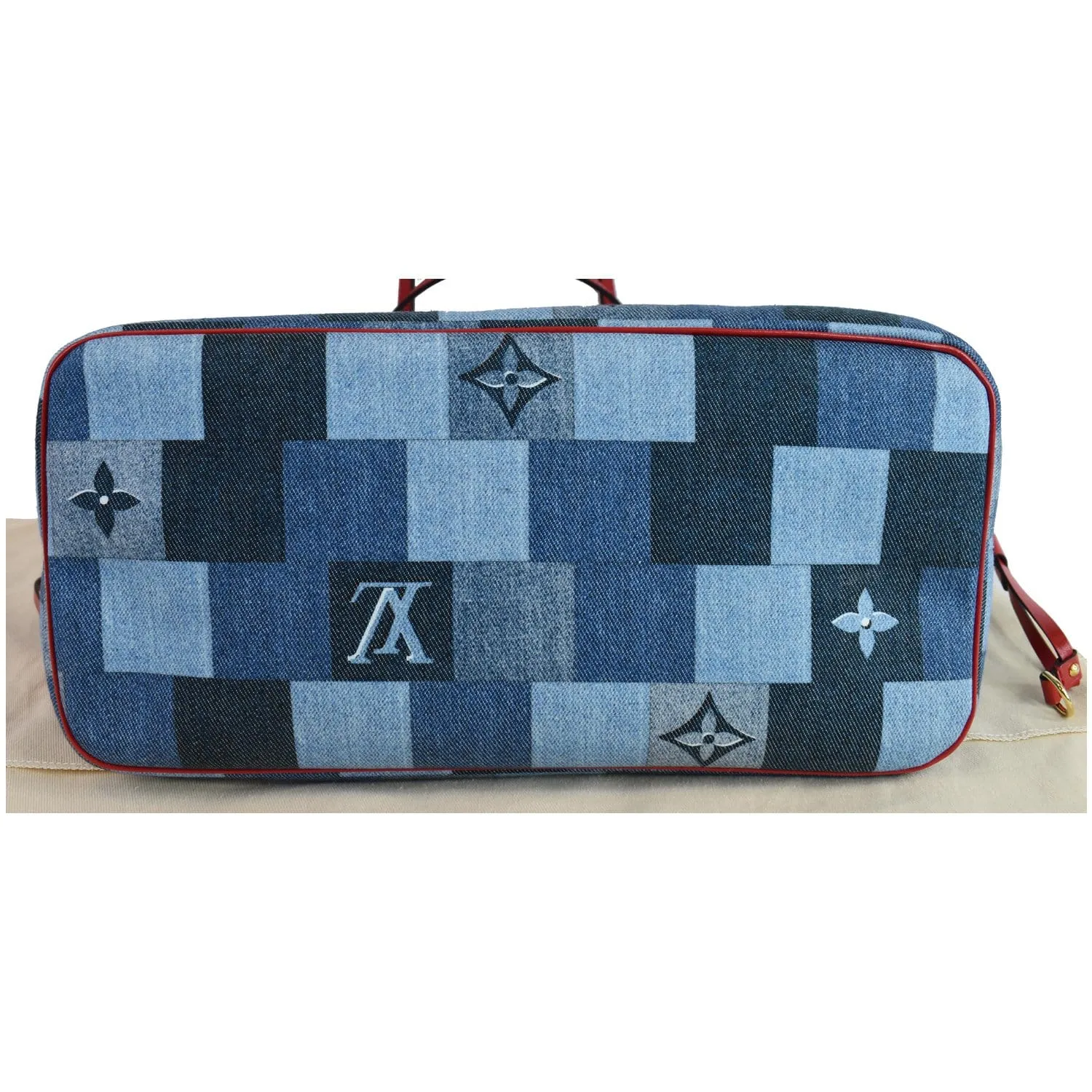 LOUIS VUITTON Neverfull MM Patchwork Monogram Denim Shoulder Bag Blue