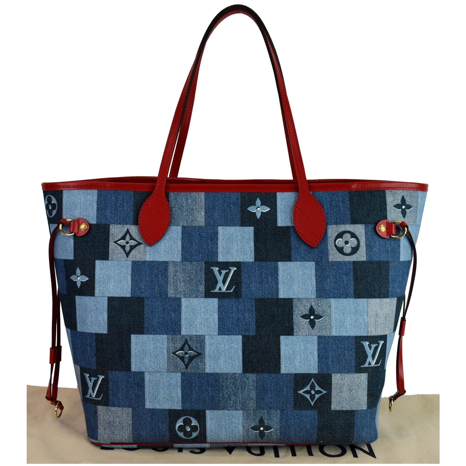 LOUIS VUITTON Neverfull MM Patchwork Monogram Denim Shoulder Bag Blue