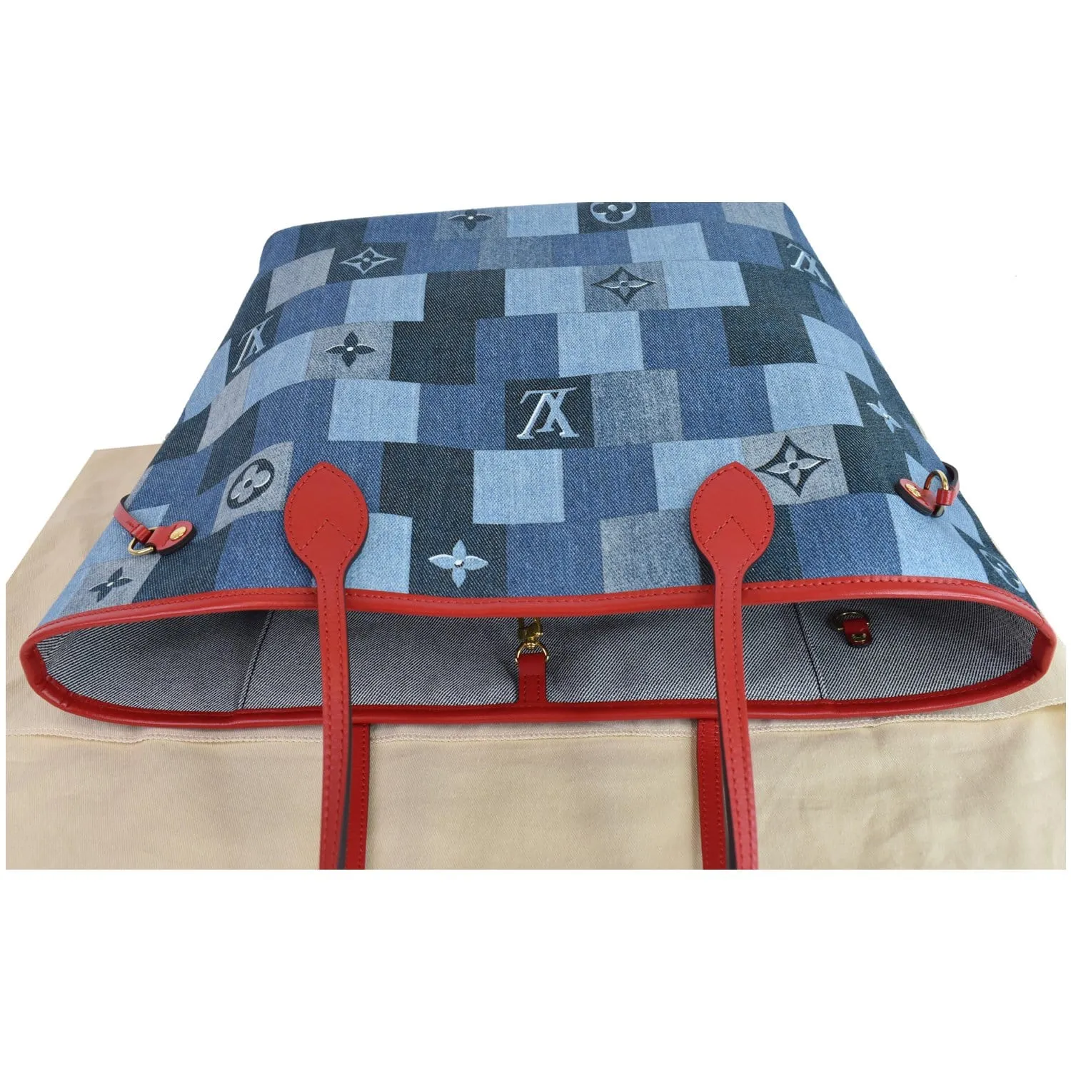 LOUIS VUITTON Neverfull MM Patchwork Monogram Denim Shoulder Bag Blue