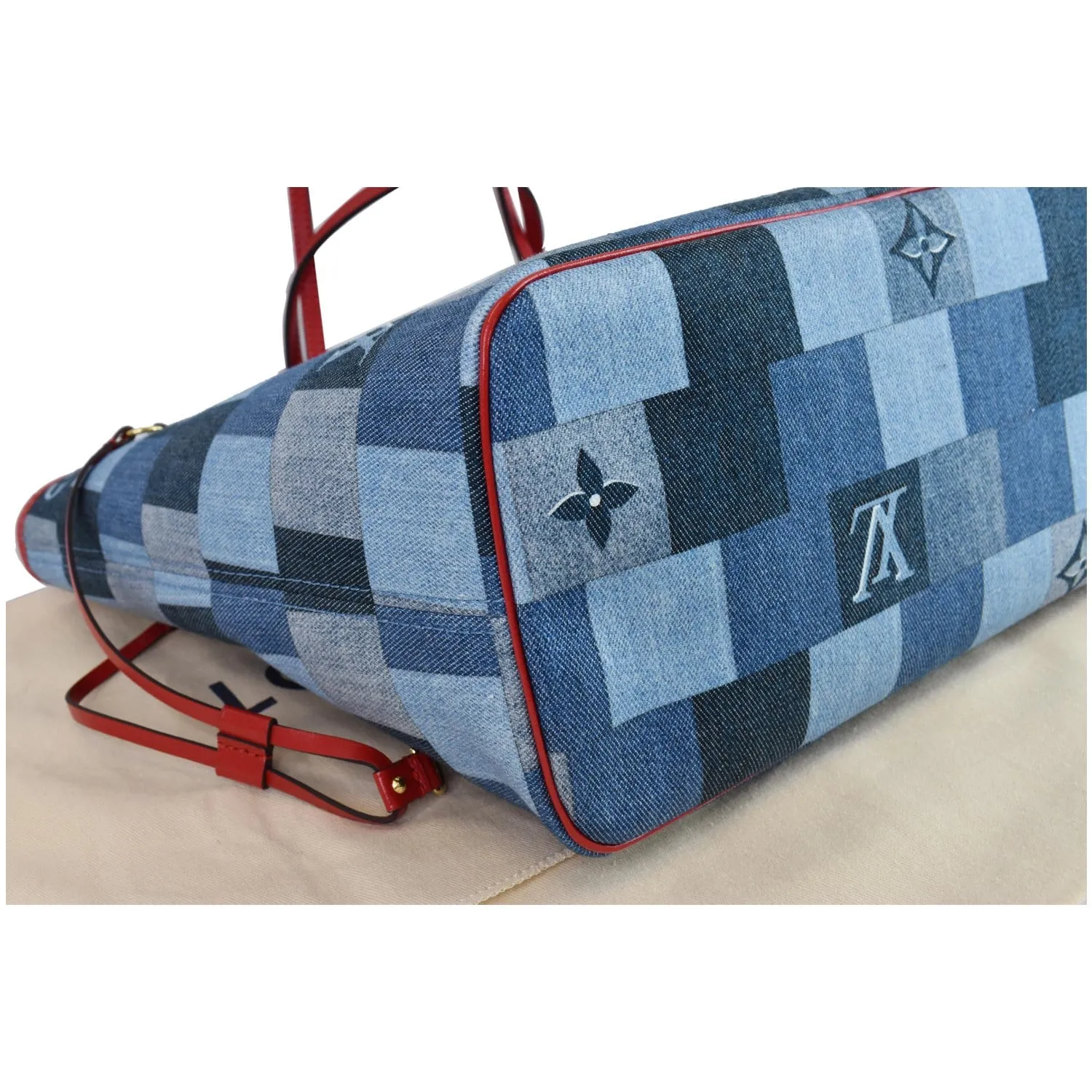 LOUIS VUITTON Neverfull MM Patchwork Monogram Denim Shoulder Bag Blue