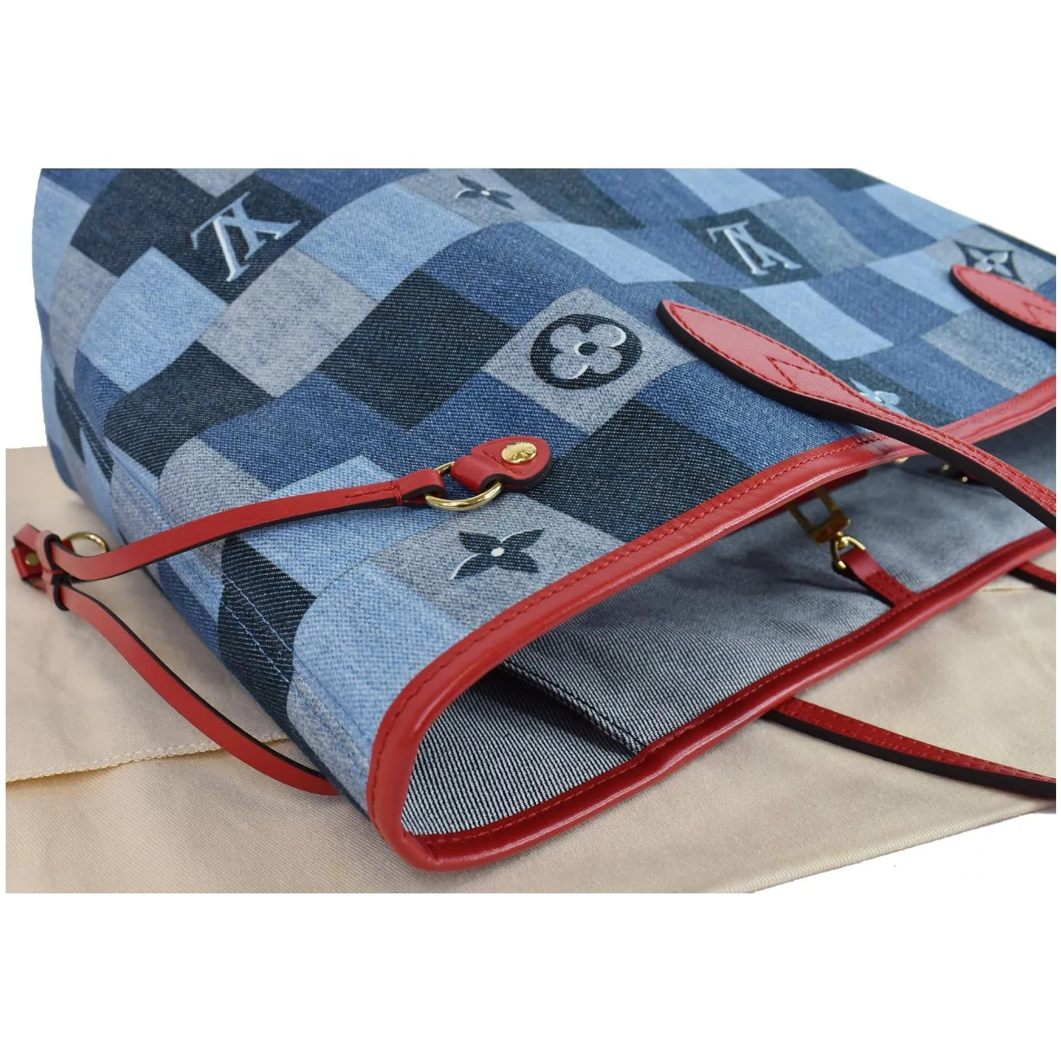 LOUIS VUITTON Neverfull MM Patchwork Monogram Denim Shoulder Bag Blue