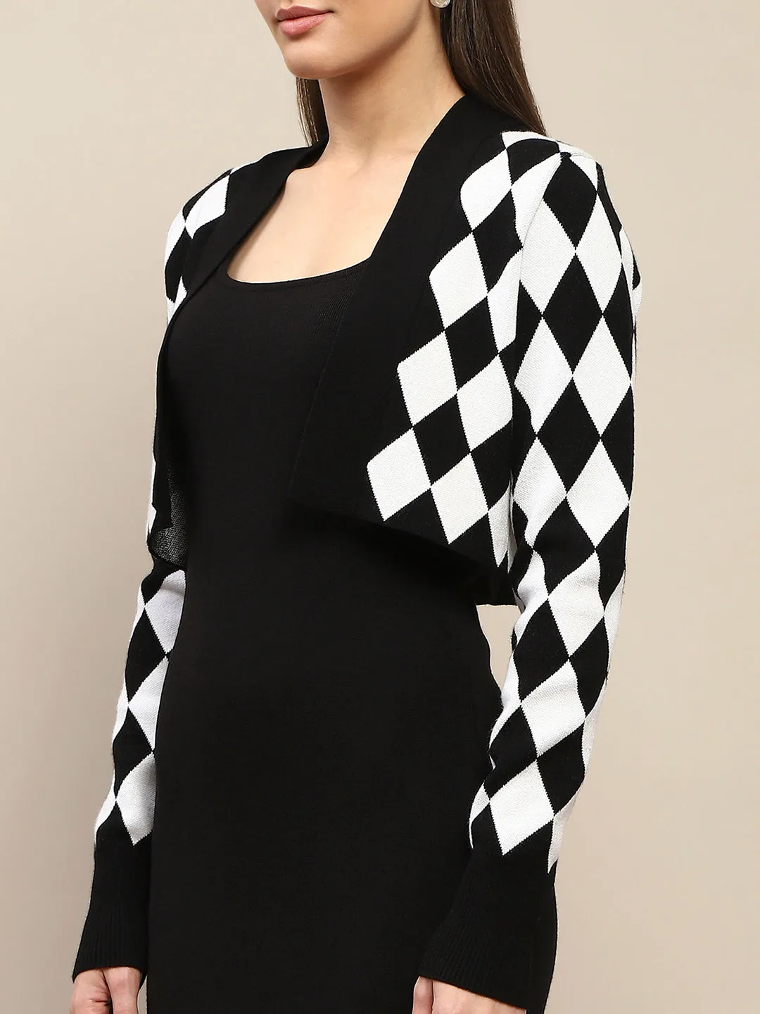 Madame Geometric Print Shrug and Solid Dress Black Coord Set