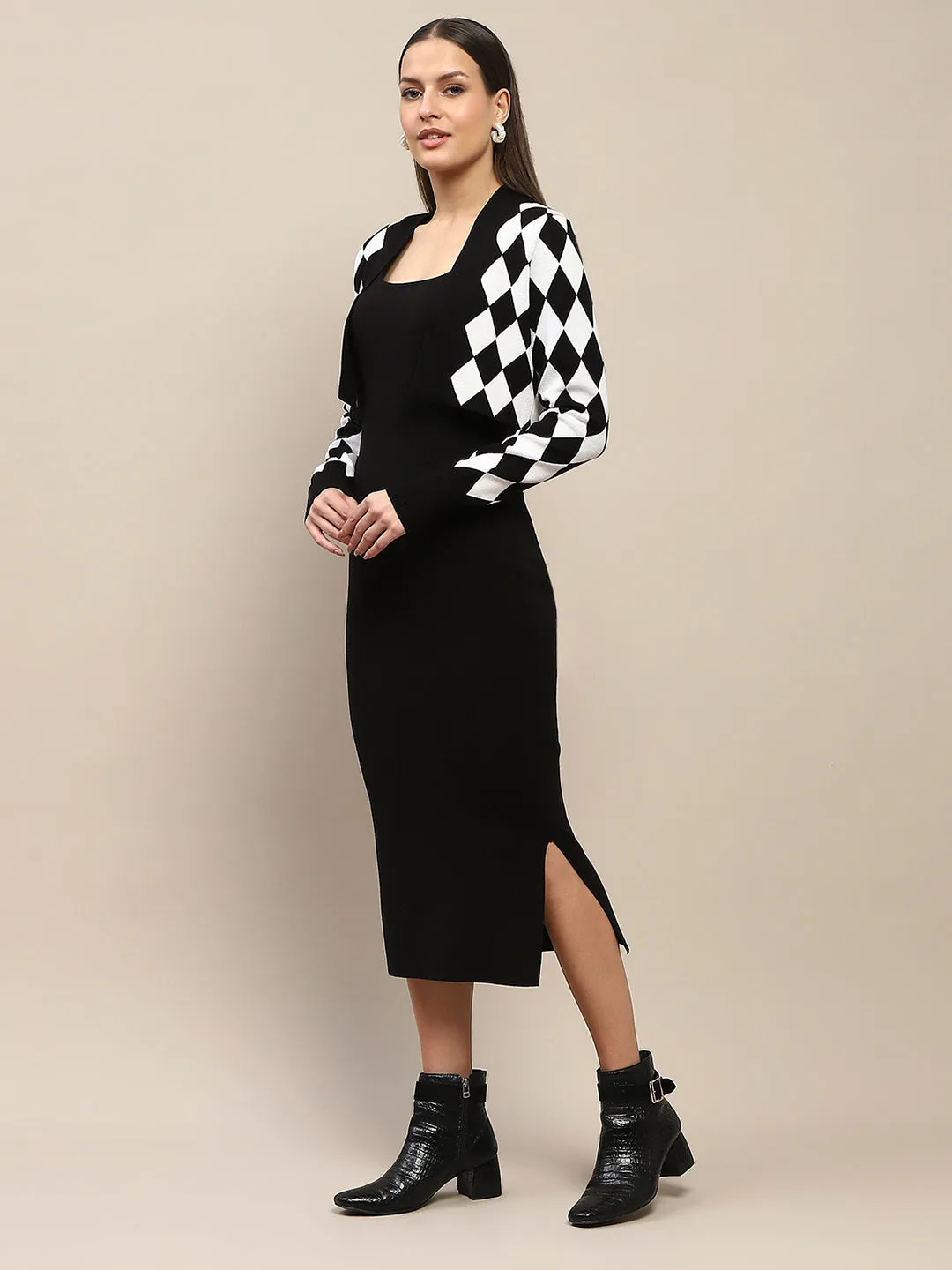 Madame Geometric Print Shrug and Solid Dress Black Coord Set